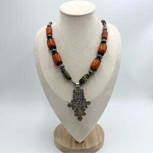 Vintage Ethiopian Coptic Hinged Cross Necklace Amber Bakelite Carnelian Beads